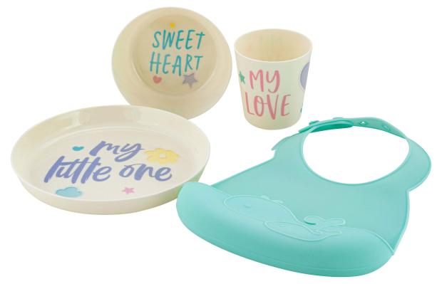 Набор детской посуды Lalababy с нагрудником, 4 предмета 
Набор детской посуды Lalababy с нагрудником, 4 предмета