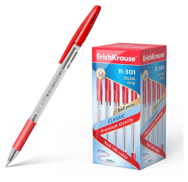 Ручка шариковая ErichKrause R-301 Classic Stick&Grip 1.0, красная, 1 шт