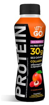 Напиток кисломолочный Let's Go с манго и личи без лактозы высокобелковый с коллагеном без сахара 0% БЗМЖ, 340 г