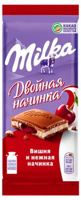 Шоколад молочный Milka двойная начинка вишня, 80 г