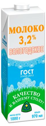 Молоко ультрапастеризованное «Вологодское» стерилизованное 3,2% БЗМЖ, 1000 г