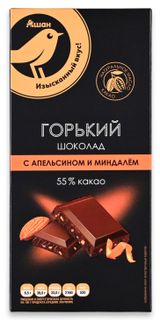 Шоколад горький АШАН Золотая птица с апельсином и миндалем, 100 г