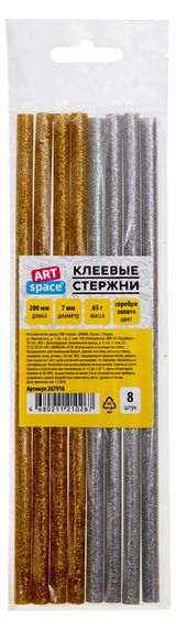 Изображение товара Клеевые стержни ArtSpace диаметр 7мм длина 200мм золото серебро, 8 шт