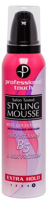 Изображение товара Мусс для укладки волос Professional touch Pro-Vitamin B5& Silk Protein экстрасильная фиксация, 150 мл