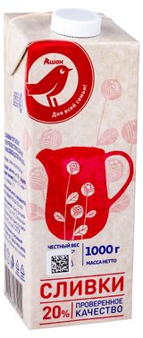 Изображение товара Сливки ультрапастеризованные стерилизованные питьевые АШАН Красная Птица нормализованные 20% ГОСТ БЗМЖ, 1000 г