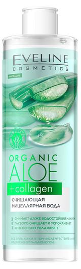 Изображение товара Мицеллярная вода Eveline Cosmetics серии Organic aloe + Collagen очищающая, 400 мл