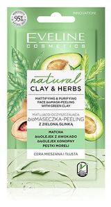 Изображение товара Маска-пилинг для лица Eveline Cosmetics Natural clay & herbs Зеленая глина матирующе-очищающая, 8 мл