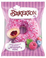 Изображение товара Донат-пончик глазированный сладкий Bakerton Кольцо с начинкой ягодный микс в кондитерской посыпке охлажденный, 70 г