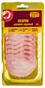 Изображение товара Окорок свиной копчено-вареный АШАН Красная птица нарезка, 100 г
