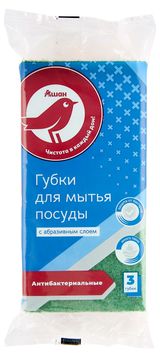Изображение товара Губки для посуды АШАН Красная птица антибактериальные, 90х60х30 мм, 3 шт