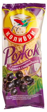 Изображение товара Мороженое пломбир «Лакомство Колибри» ванильный с черной смородиной в сахарном рожке, 100 г