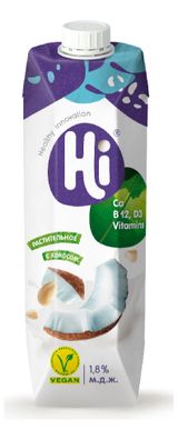 Изображение товара Напиток растительный Hi Vegan соевый с кокосом 1,8%, 1 л