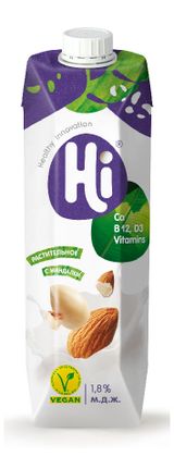 Изображение товара Напиток растительный Hi Vegan соевый с миндалем 1,8%, 1 л