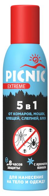 Изображение товара Аэрозоль от комаров мошек клещей слепней блох Picnic Extreme 5 в 1, 150 мл