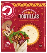 Изображение товара Лепешки пшеничные Tortillas АШАН Красная птица Тортильи мексиканские без дрожжей 4 шт, 276 г