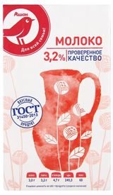 Изображение товара Молоко ультрапастеризованное АШАН Красная птица стерилизованное 3.2% ГОСТ БЗМЖ, 1 л