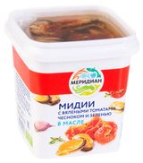 Изображение товара Мидии «Меридиан» с вялеными томатами, чесноком и зеленью в масле, 270 г