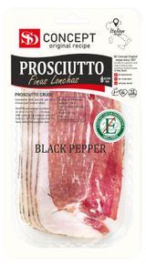 Изображение товара Вяленое мясо Прошутто сыровяленый SD Concept свиной окорок с черным перцем нарезка, 50 г