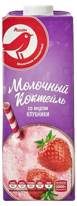 Изображение товара Коктейль молочный ультрапастеризованный АШАН Красная птица клубничный стерилизованный 1,5% БЗМЖ, 1000 г