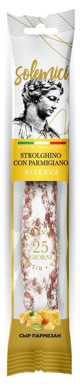Изображение товара Колбаса сыровяленая Solemici Strolghino Con Parmigiano Riserva с сыром пармезан без глютена полусухая, 110 г