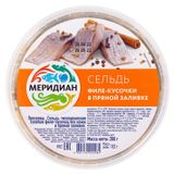 Изображение товара Сельдь соленая «Меридиан» филе-кусочки в пряной заливке, 280 г