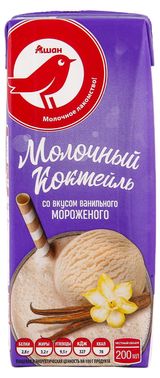 Изображение товара Коктейль молочный АШАН Красная птица Ванильное мороженое стерилизованный с трубочкой 3,2%, 200 мл