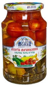 Изображение товара Ассорти овощное «Меленъ» маринованное кабачки огурцы и томаты черри, 900 г