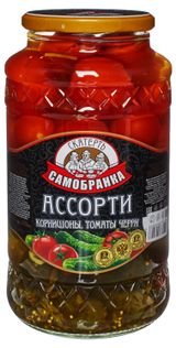 Изображение товара Ассорти овощное «Скатерть-Самобранка» из корнишонов и томатов черри, 1,415 л