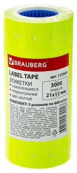 Изображение товара Этикет-лента BRAUBERG желтая 21х12 мм, 5 рулонов