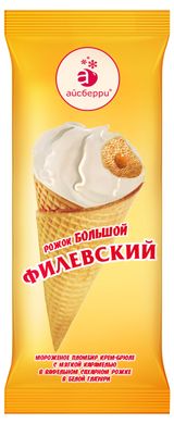 Изображение товара Мороженое пломбир «Филевское» крем-брюле с мягкой карамелью в сахарном рожке, 100 г