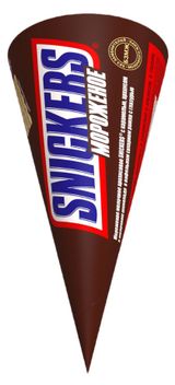 Изображение товара Мороженое сливочное Snickers с пастой из арахиса в шоколаде и карамелью в сахарном рожке БЗМЖ, 69 г
