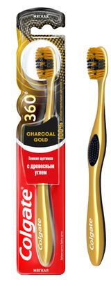 Изображение товара Зубная щетка Colgate 360º Золотая с древесным углем многофункциональная антибактериальная, мягкая