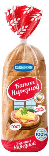 Изображение товара Батон пшеничный нарезной белый «Коломенский» высший сорт нарезка ГОСТ, 400 г