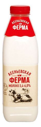 Изображение товара Молоко пастеризованное «Асеньевская ферма» отборное цельное 3,4%-6% БЗМЖ, 900 мл