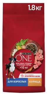 Изображение товара Сухой корм для собак Purina ONE с курицей и рисом для взрослых средних и крупных пород, 1,8 кг
