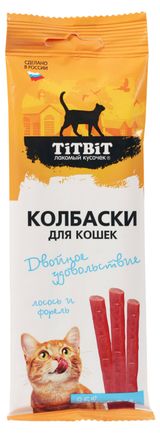 Изображение товара Лакомство для кошек TITBIT Колбаски лосось и форель, 45 г
