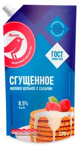 Изображение товара Молоко сгущенное АШАН Красная птица цельное с сахаром 8,5% ГОСТ БЗМЖ, 270 г