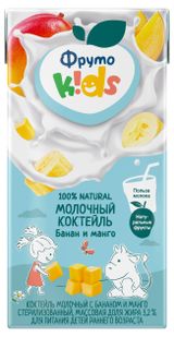 Изображение товара Коктейль молочный «ФрутоKids» с бананом и манго с трубочкой для детей 3,2% охлажденный, 200 мл