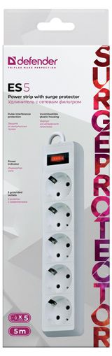 Изображение товара Удлинитель Defender ES Largo 5 розеток с заземлением 10А белый, 5 метров