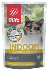Изображение товара Корм влажный для стерилизованных кошек Blitz кусочки в соусе курица с тыквой, 85 г