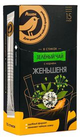 Изображение товара Чай зеленый АШАН Золотая птица с корнем женьшеня в стиках, 15х2 г