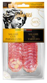 Изображение товара Колбаса сыровяленая Solemici Salame con Parmigiano & Tartufo Ассорти Салями с сыром Пармезан и Салями с трюфелем полусухая нарезка, 70 г