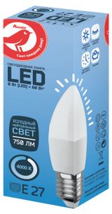 Изображение товара Лампа cветодиодная АШАН Красная птица Свеча 8W Е27 холодный нейтральный, 1 шт