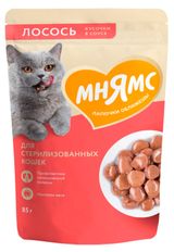 Изображение товара Влажный корм для стерилизованных кошек «Мнямс» Кусочки в соусе с лососем, 85 г