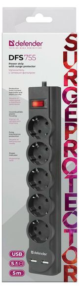 Изображение товара Удлинитель с сетевым фильтром Defender 755 5 розеток черный, 5 м
