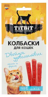 Изображение товара Колбаски для кошек TiTBiT Двойное удовольствие с лососем и форелью, 15 г