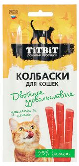 Изображение товара Колбаски для кошек TiTBiT Двойное удовольствие с цыпленком и печенью, 15 г