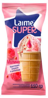 Изображение товара Мороженое молочное Laime Super с малиновым вареньем в глазури в вафельном стаканчике 4% БЗМЖ, 110 г