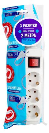 Изображение товара Удлинитель АШАН Красная птица с кнопкой 3 гнезда с заземлением 10А, 2 м