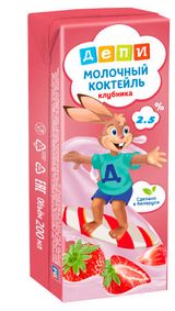 Изображение товара Коктейль молочный детский «Депи» клубника 2,5% Беларусь охлажденный, 210 г